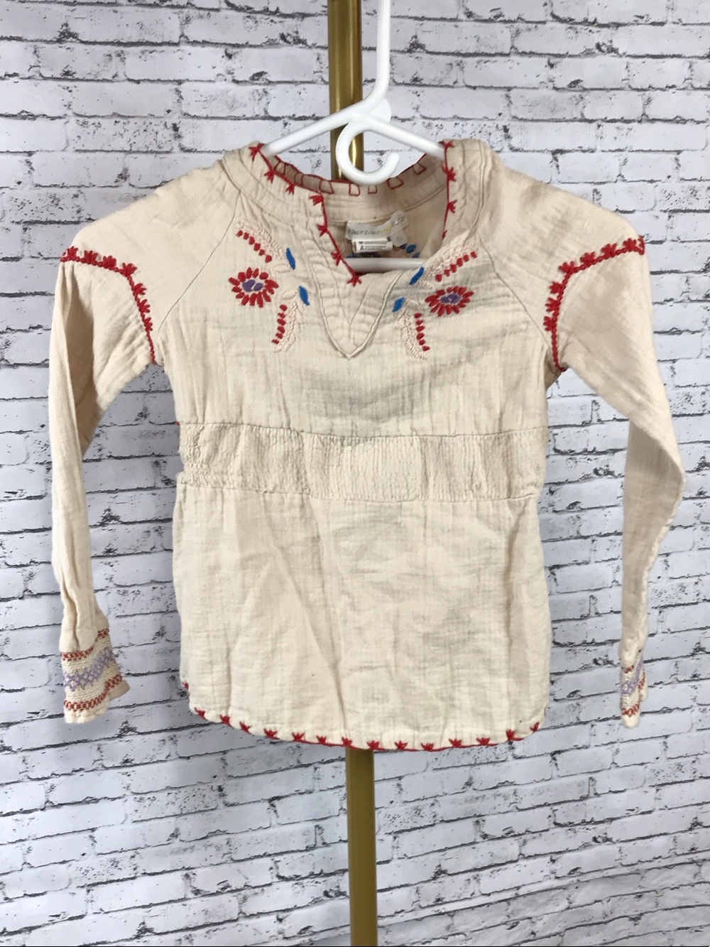 American Retro kids | Cream Peasant Top with Red & Blue Embroidery size 10